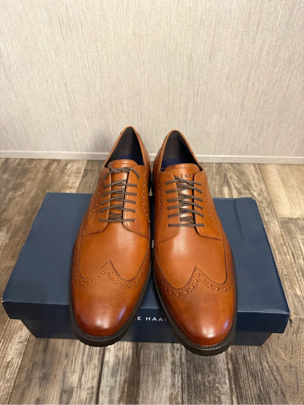 Cole Hasn Men's Classic Tan Leather Wingtip Oxford Dress Shoes Size 12